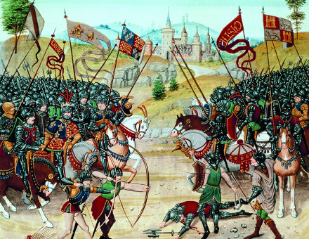 The Battle of Nájera, fought by King Peter against Henry Trastámara, 3 April 1367, from a 15th-century manuscript of Jean Froissart’s Chronicles.