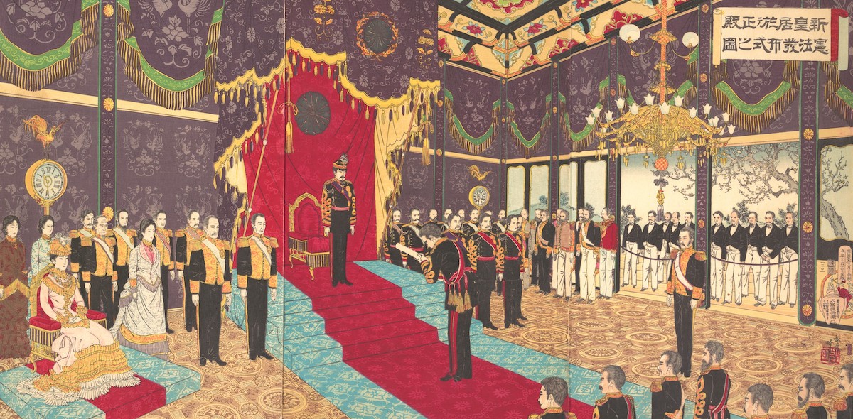 A minister presents Japan’s first constitution to the Meiji emperor, by Adachi Ginkō, 1889. Metropolitan Museum of Art. Public Domain. A minister presents Japan’s first constitution to the Meiji emperor, by Adachi Ginkō, 1889. Metropolitan Museum of Art. Public Domain.