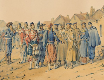 ‘Peace in the Crimea, April, 1856‘, showing British, Russian, French and Sardinian soldiers, by Orlando Norie. Prints, Drawings and Watercolors from the Anne S.K. Brown Military Collection. Brown Digital Repository. Brown University Library. Public Domain.