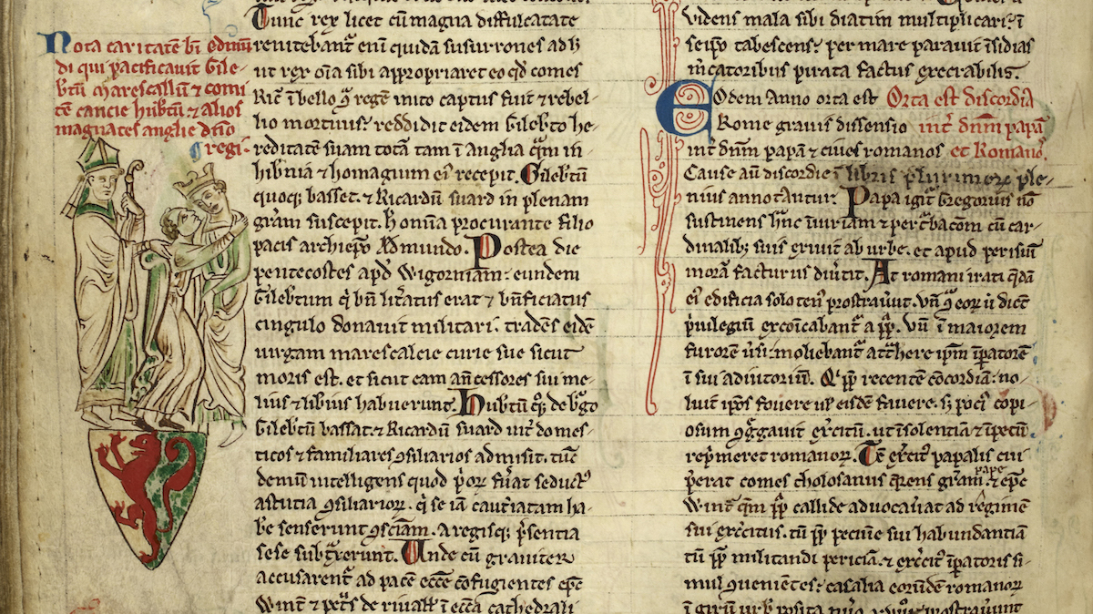 Saint Edmund of Abingdon bringing about the reconciliation of Gilbert Marshal and Henry III, from Matthew Paris’ Historia Anglorum, 1250s. © British Library Board/Bridgeman Images. Saint Edmund of Abingdon bringing about the reconciliation of Gilbert Marshal and Henry III, from Matthew Paris’ Historia Anglorum, 1250s. © British Library Board/Bridgeman Images.