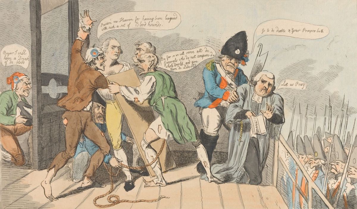 ‘The Murder of Custine, French Gratitude or Republican Rewards for Past Services’ with a priest in prayer, by Isaac Cruikshank, 1793. Yale Center for British Art, Paul Mellon Collection. Public Domain. ‘The Murder of Custine, French Gratitude or Republican Rewards for Past Services’ with a priest in prayer, by Isaac Cruikshank, 1793. Yale Center for British Art, Paul Mellon Collection. Public Domain.