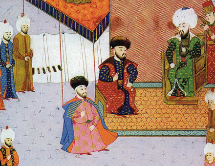 Khan Mengli I Giray with his son, the future Khan Mehmed I Giray, at the reception of Sultan Bayezid II, Turkish miniature, c.1484.