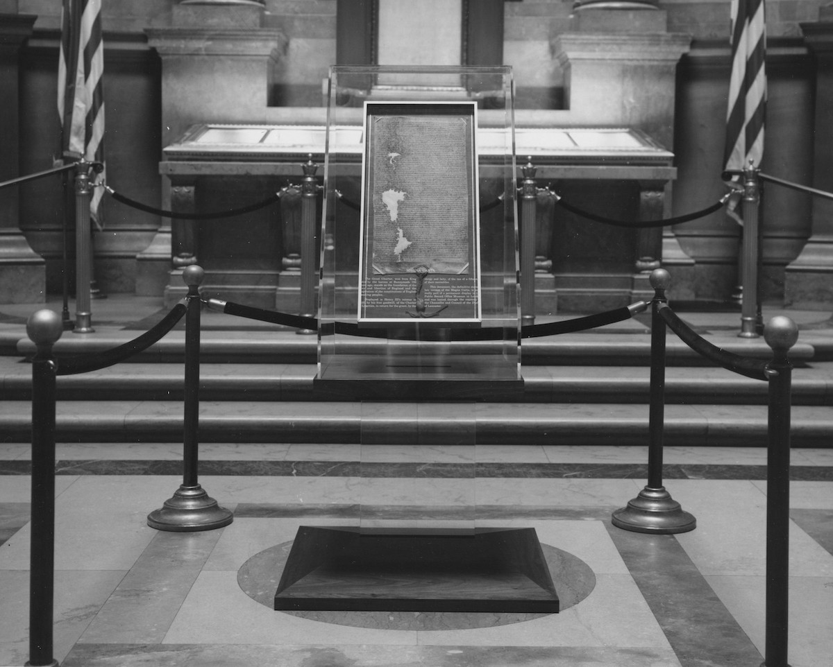 Magna Carta on display in the National Archives Rotunda, 1965. US National Archives, Public Domain.