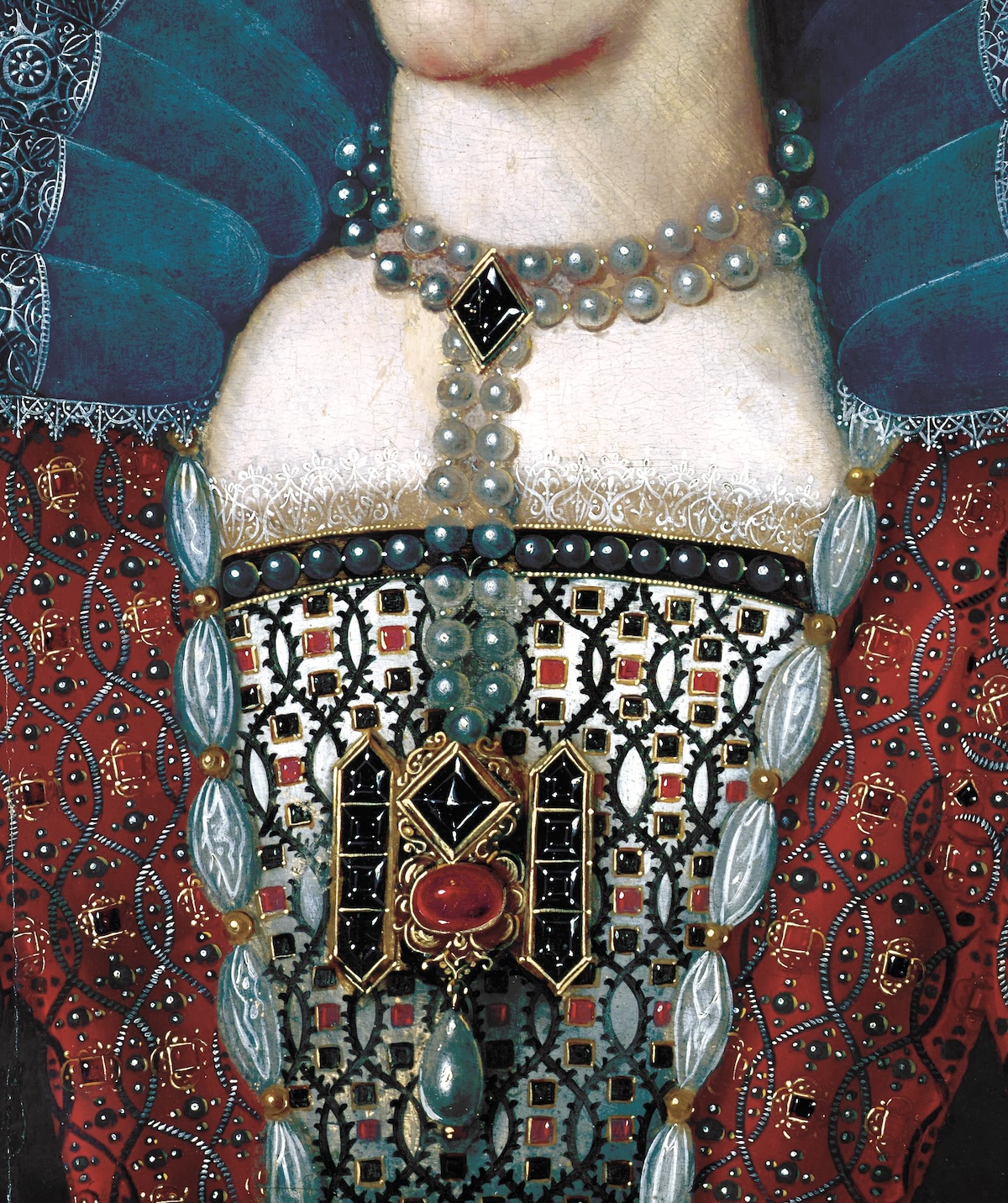 Detail from a portrait of Anne of Denmark wearing a jewel with a large diamond, possibly the ‘Great Harry’, unknown artist, c.1600. Government Art Collection. Detail from a portrait of Anne of Denmark wearing a jewel with a large diamond, possibly the ‘Great Harry’, unknown artist, c.1600. Government Art Collection.