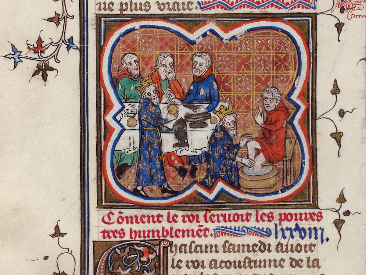 Louis IX feeding the poor and washing their feet, from the Grandes Chroniques de France, 1370-75. Bibliothèque nationale de France. Louis IX feeding the poor and washing their feet, from the Grandes Chroniques de France, 1370-75. Bibliothèque nationale de France.