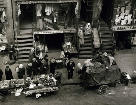 Hester Street’s pushcarts, by Berenice Abbot, 1935.
