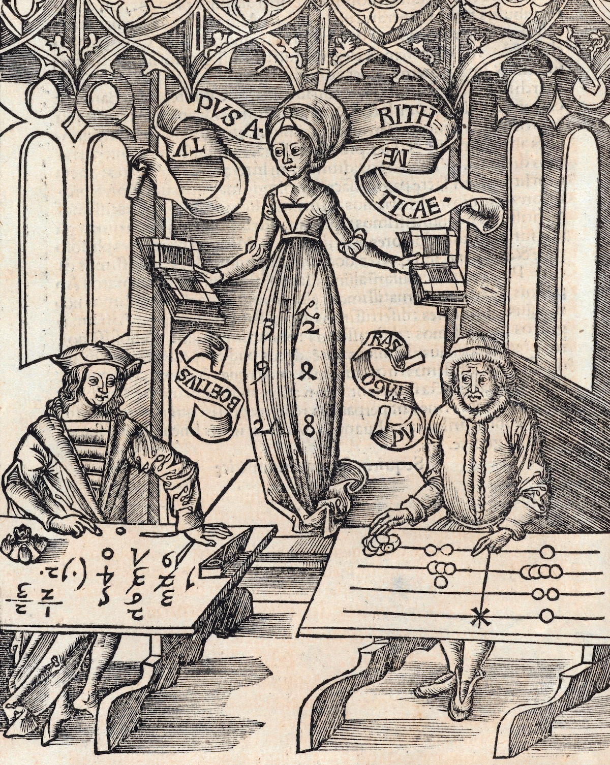 ‘Typus Arithmeticae’, showing Arithmetica, between Boethius writing Arabic numerals and Pythagorus using a counting board, from Margarita philosophica, by Gregor Reisch, 1503. Houghton Library, Harvard University. ‘Typus Arithmeticae’, showing Arithmetica, between Boethius writing Arabic numerals and Pythagorus using a counting board, from Margarita philosophica, by Gregor Reisch, 1503. Houghton Library, Harvard University.