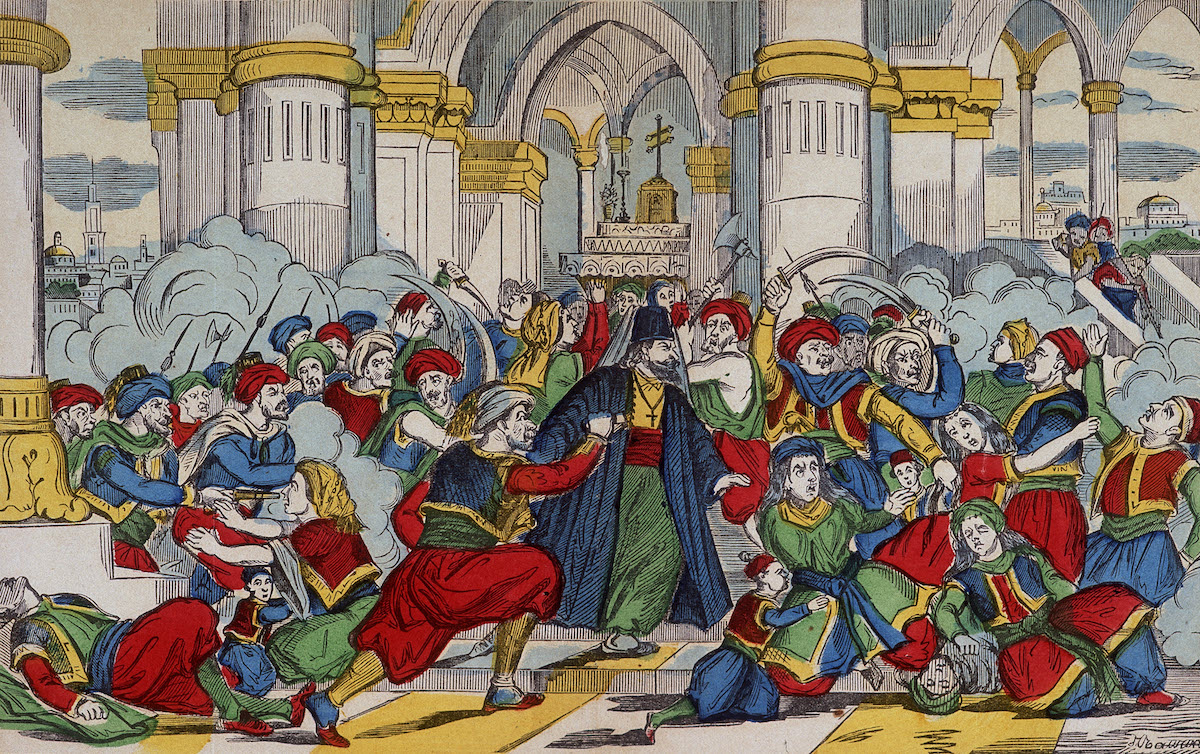 Massacre of Christians in Syria, French illustration, late 19th century. Universal History Archive/Getty Images. Massacre of Christians in Syria, French illustration, late 19th century. Universal History Archive/Getty Images.