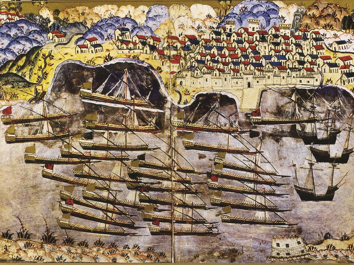 Barbarossa’s fleet wintering in Toulon harbour, 1543, by Matrakçı Nasuh, mid-16th century. Heritage Image Partnership Ltd/Alamy Stock Photo. Barbarossa’s fleet wintering in Toulon harbour, 1543, by Matrakçı Nasuh, mid-16th century. Heritage Image Partnership Ltd/Alamy Stock Photo.