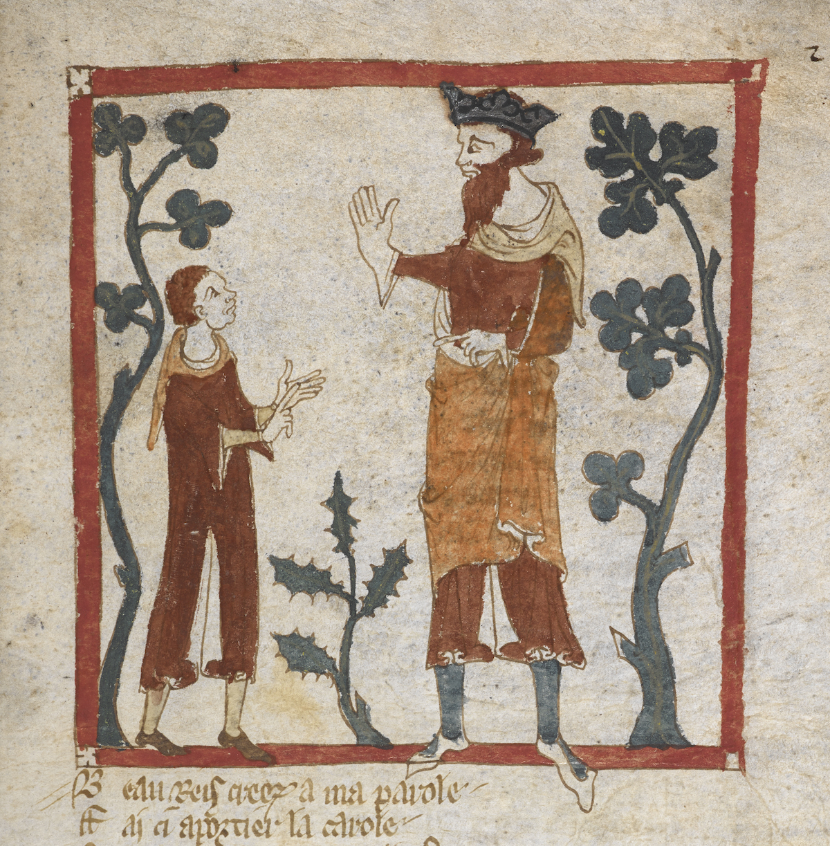 Merlin advises Vortigern, from the Roman de Brut, translation of Geoffrey’s History by Wace, English, 1338-40. British Library/Bridgeman Images. Merlin advises Vortigern, from the Roman de Brut, translation of Geoffrey’s History by Wace, English, 1338-40. British Library/Bridgeman Images.