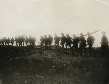 Working parties go up to consolidate newly captured trenches on the Somme, c. 1916. UBC Library Digitization Centre. Public Domain.