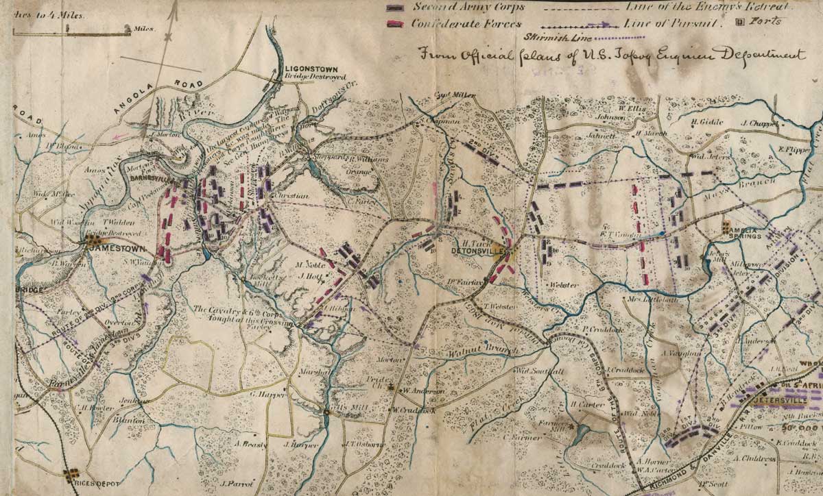 Map showing 'the pursuit of the rebel army, 6-8 April 1865, and Battle of Sailor's Creek'. Library of Congress. Map showing 'the pursuit of the rebel army, 6-8 April 1865, and Battle of Sailor's Creek'. Library of Congress.