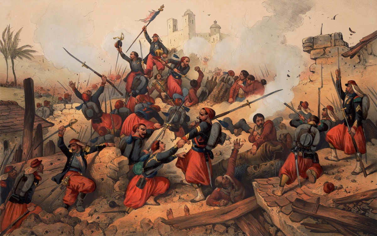 French zouaves capture Puebla, 17 May 1863. Prints, Drawings and Watercolors from the Anne S.K. Brown Military Collection. Brown Digital Repository. Brown University Library. Public Domain. French zouaves capture Puebla, 17 May 1863. Prints, Drawings and Watercolors from the Anne S.K. Brown Military Collection. Brown Digital Repository. Brown University Library. Public Domain.