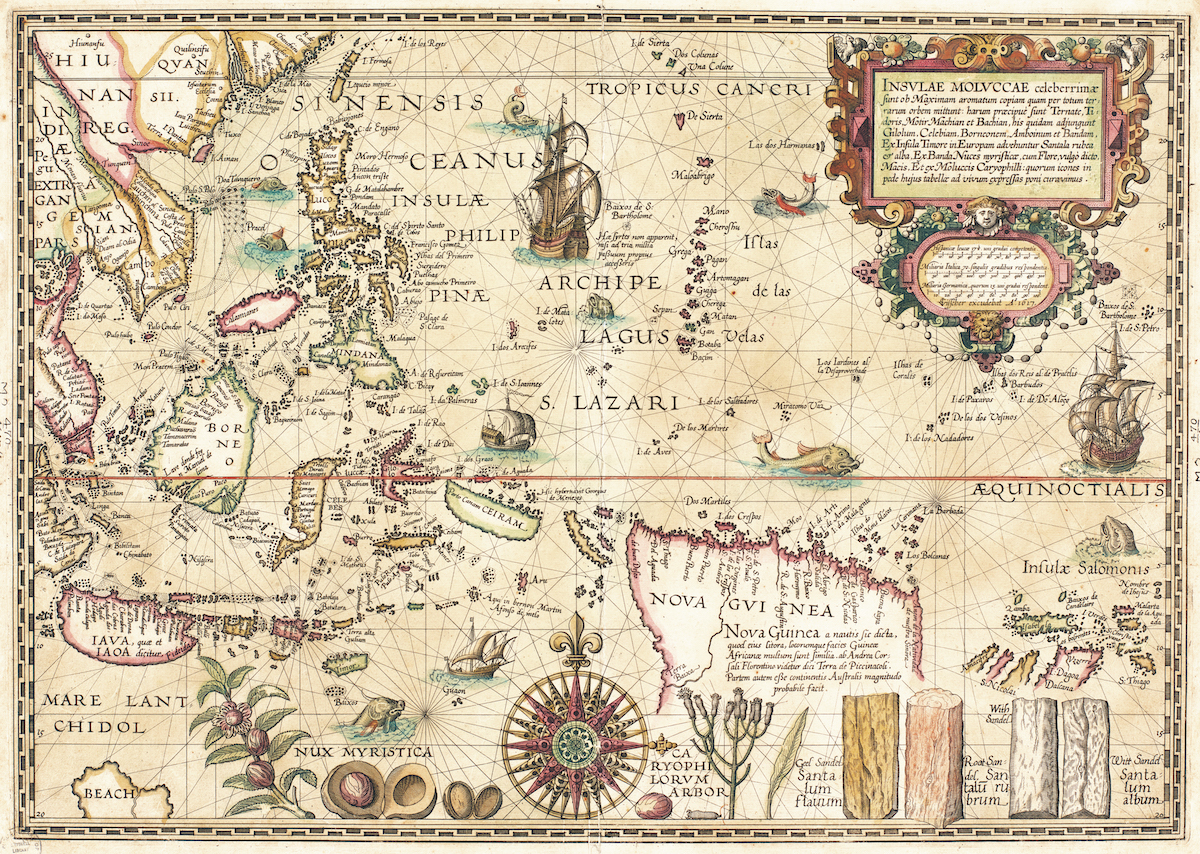 Map of the Moluccas, by Petrus Plancius, Amsterdam, 1617. State Library of New South Wales. Public Domain. Map of the Moluccas, by Petrus Plancius, Amsterdam, 1617. State Library of New South Wales. Public Domain.